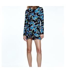 Zara Black Blue Floral Print Mini Ruched Dress Cutout Back M Runs Small